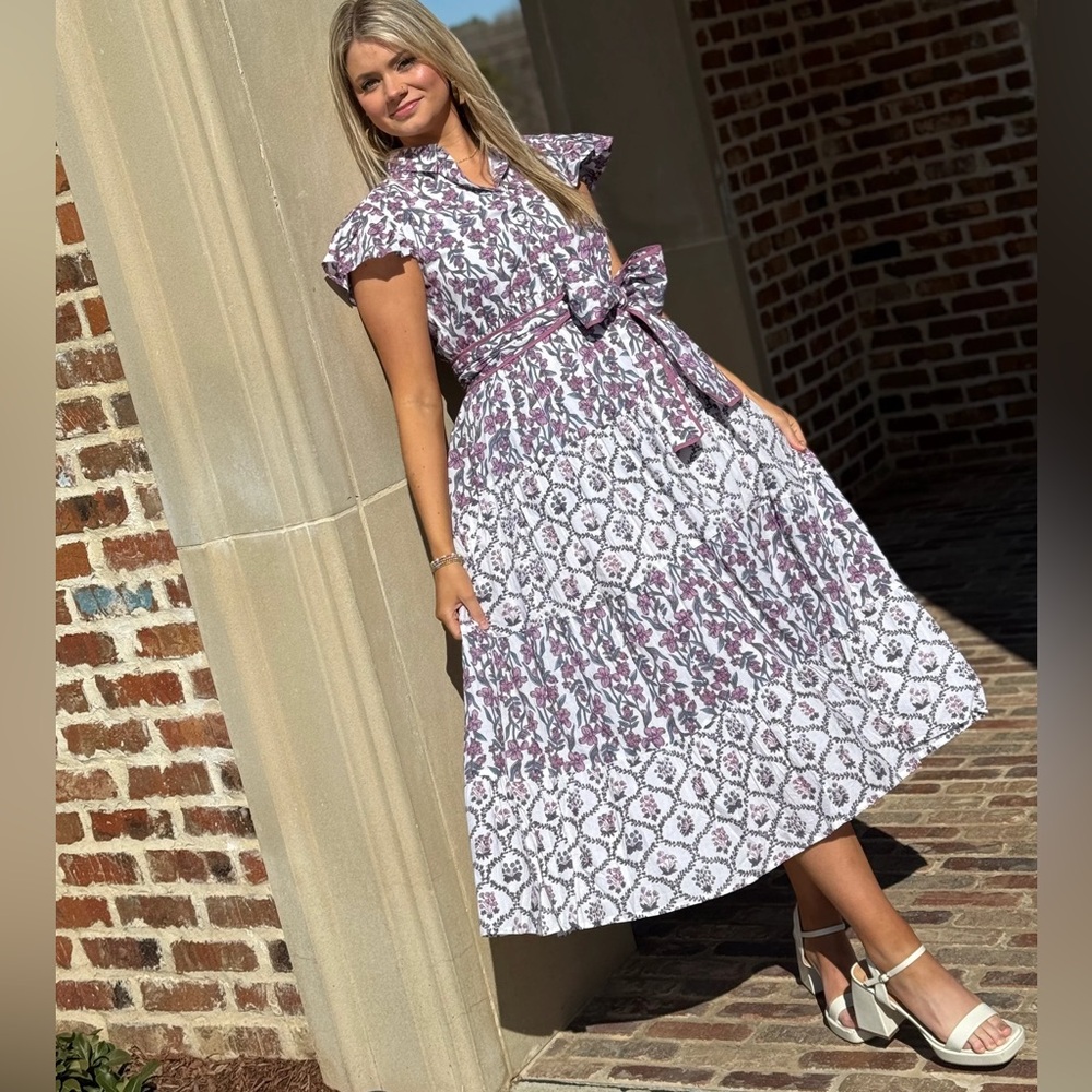Victoria Dunn Cotton Pleated Ruffle Floral Belted Dress